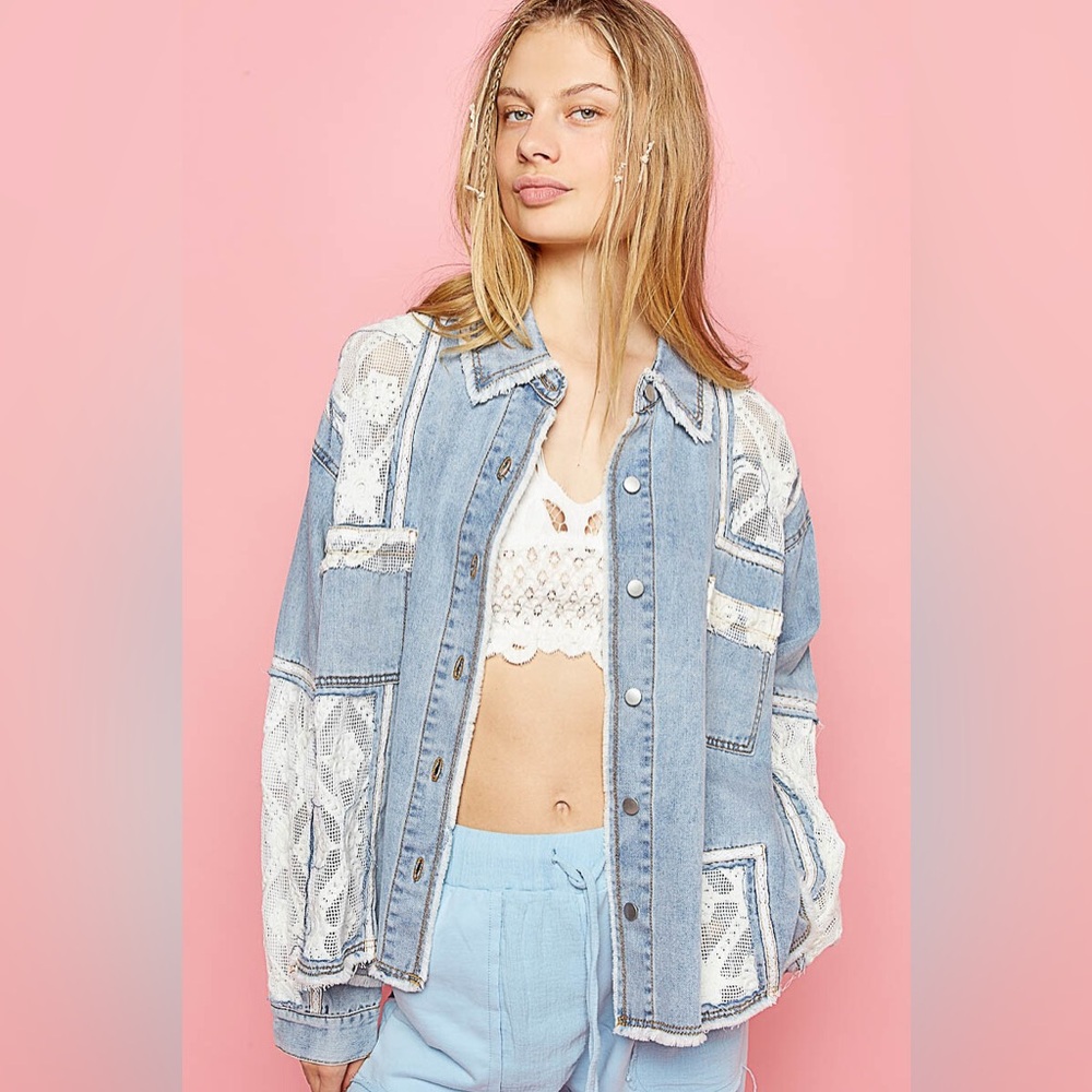 POL Patchwork Pieced Festival Lace & Denim Jacket - Small